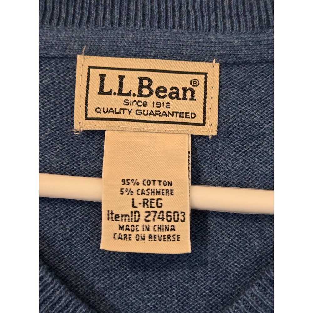 LL Bean Mens Blue V Neck Sweater L Red Cotton Cashmere Blend - Picture 2 of 9